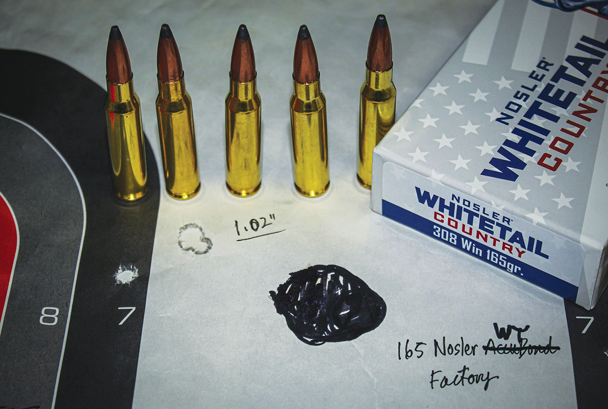 Nosler’s new Whitetail Country ammunition loaded with a 165-grain solid base/softpoint bullet shot one of best groups of the test, placing five shots into 1.02 inches at 100 yards with a velocity of 2,752 fps.